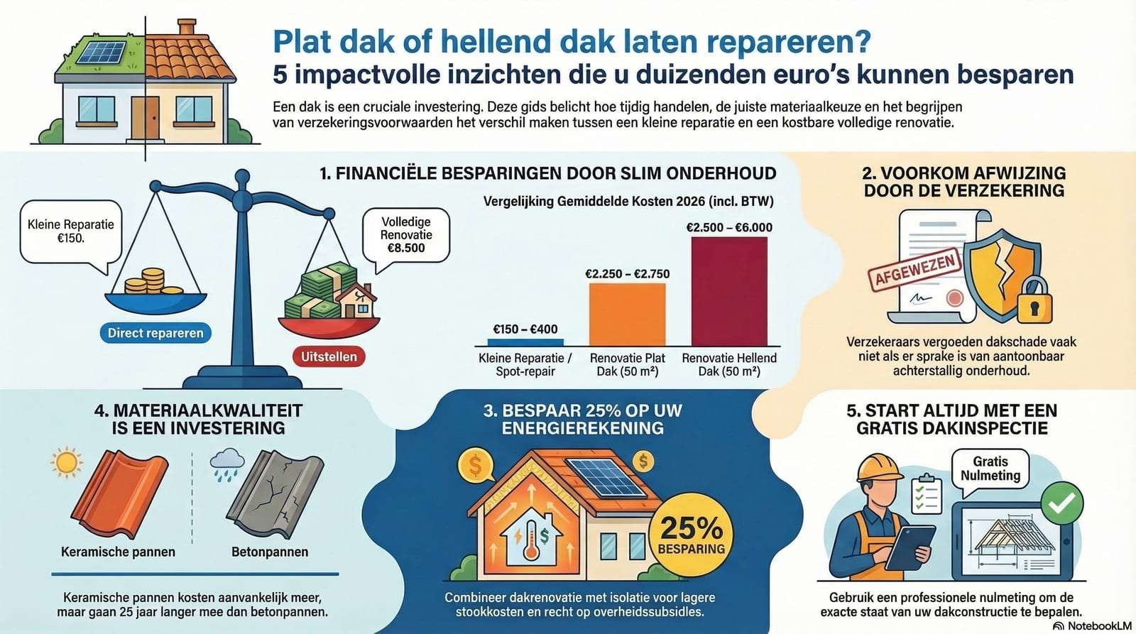 Plat dak of hellend dak laten repareren? 5 impactvolle inzichten die u duizenden euro’s kunnen besparen